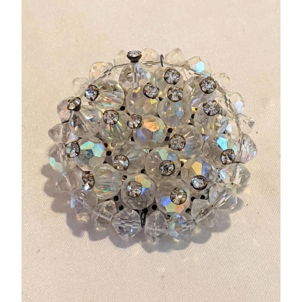 Vintage A/B Austrian Crystal Round Brooch Pin Silvertone w/ Rhinestones 1 5/8"